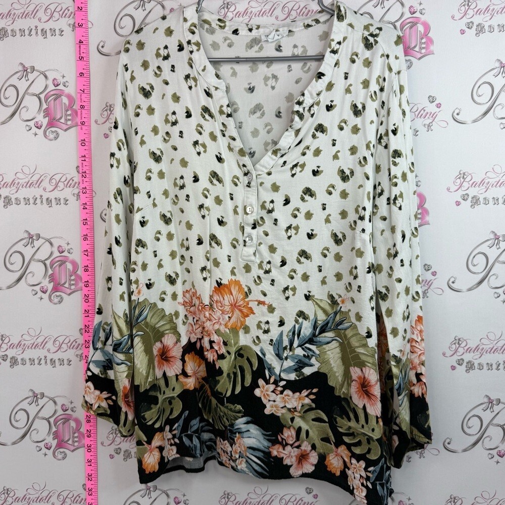 Tribal long sleeve White Henley Tunic with Green Spots and Peach Floral Border